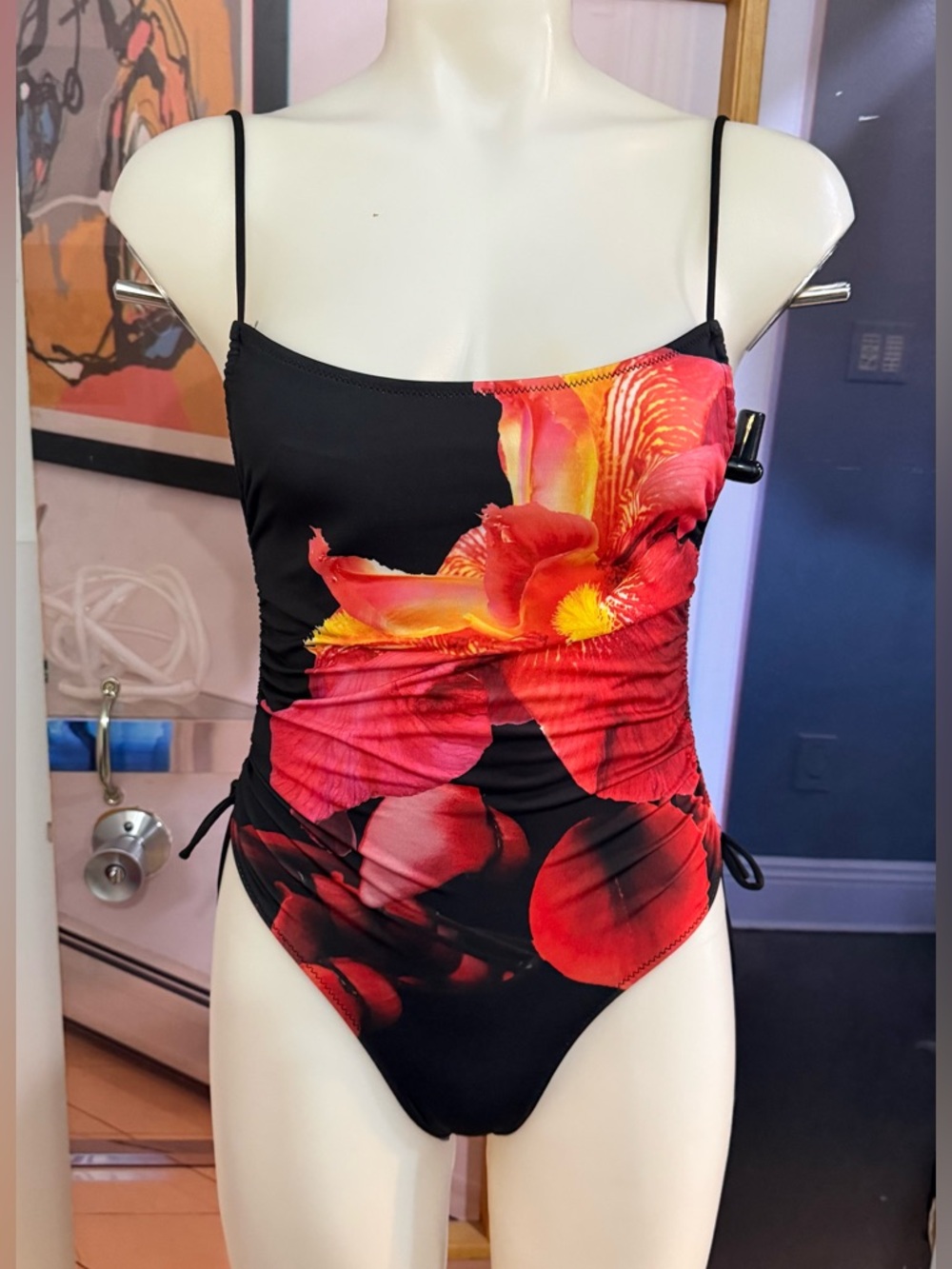 Zara Black One-Piece Swimsuit with Red & Yellow Floral Print